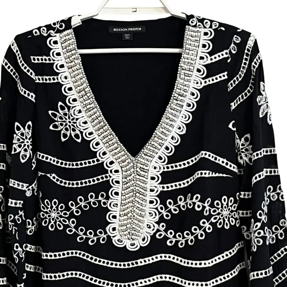 Boston Proper Beaded Eyelet Boho Long Sleeve Blouse - Picture 2 of 9
